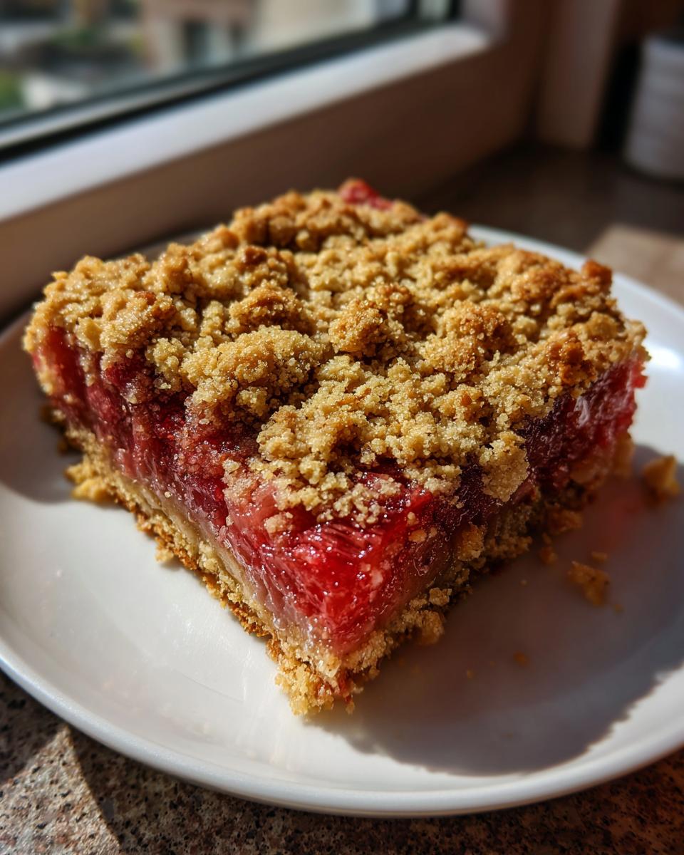 A square slice of Old-Fashioned Rhubarb Crunch with a thick, bright red rhubarb filling and a golden, crumbly topping, served on a white plate.