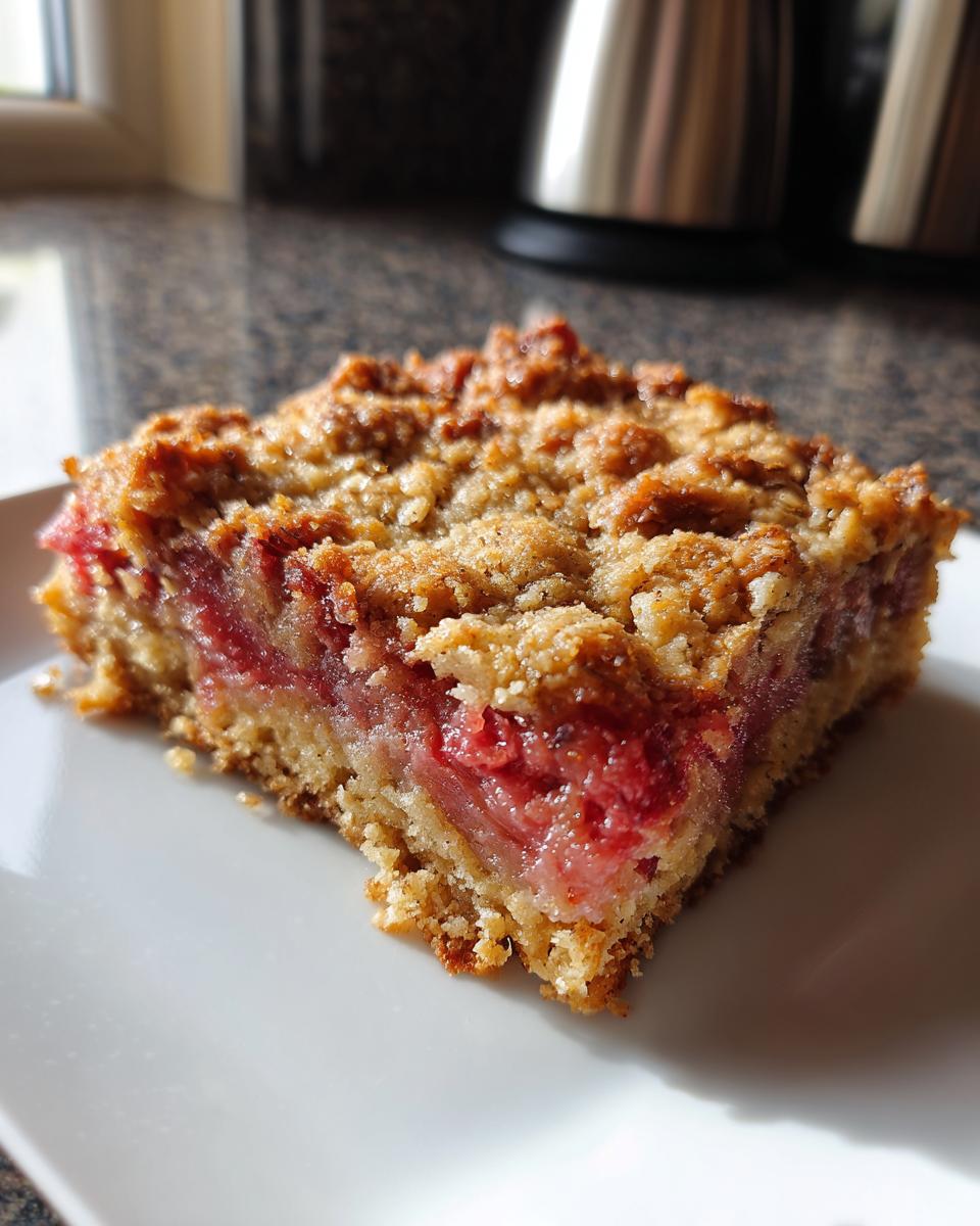 A close-up view of a square slice of Old-Fashioned Rhubarb Crunch showing the bright pink rhubarb filling and golden brown oat topping.