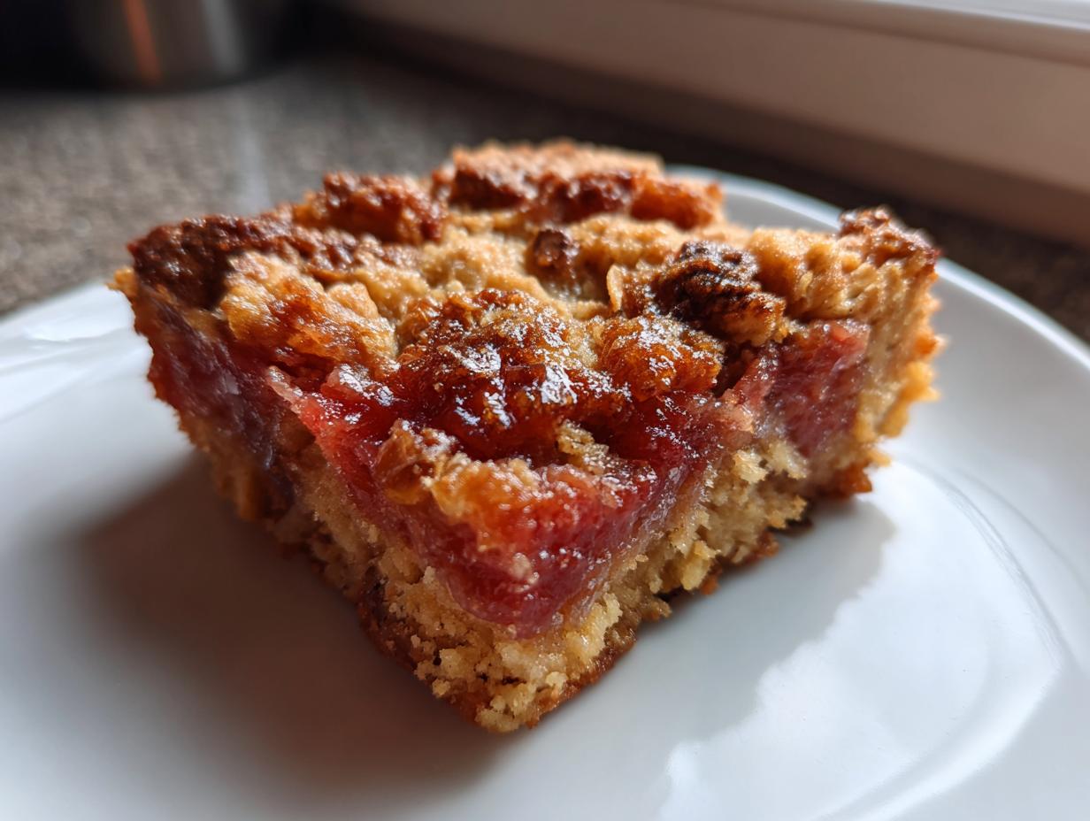 Close-up of a square slice of Old-Fashioned Rhubarb Crunch showing the thick, bright pink rhubarb filling and crumbly topping.