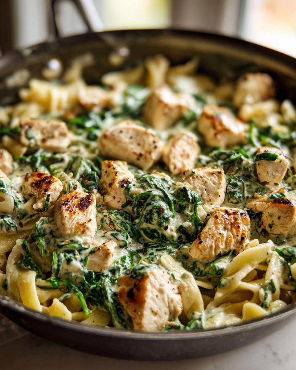 Close-up of creamy chicken spinach pasta mixed with fettuccine or similar wide noodles in a skillet.
