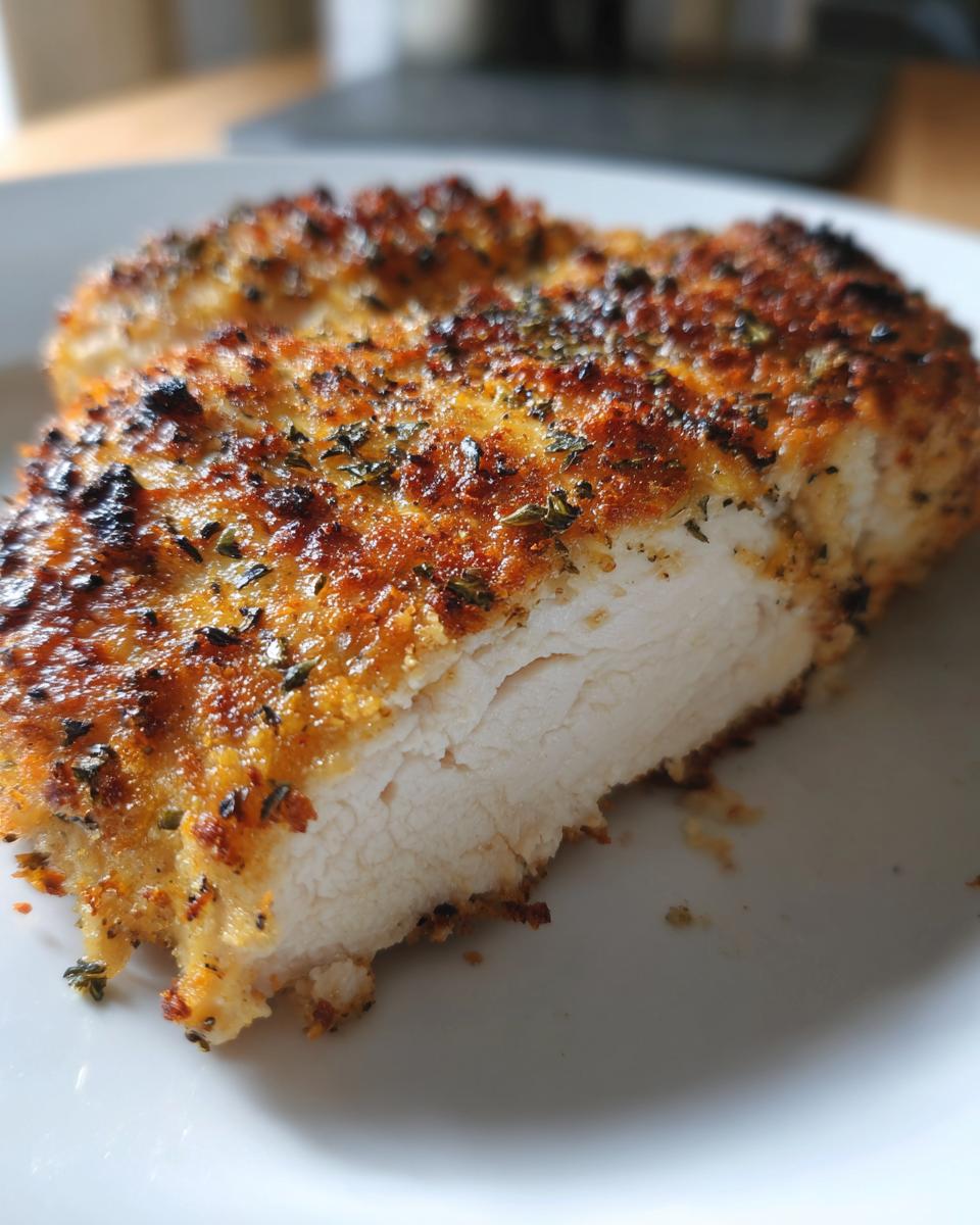 Close-up of a perfectly cooked pan seared chicken breast, showing a golden crust and moist white interior.