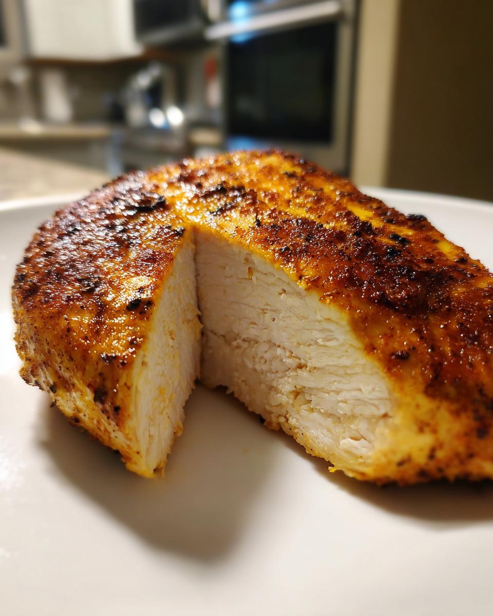 Close-up of a juicy pan seared chicken breast, sliced to show the perfectly cooked white interior.