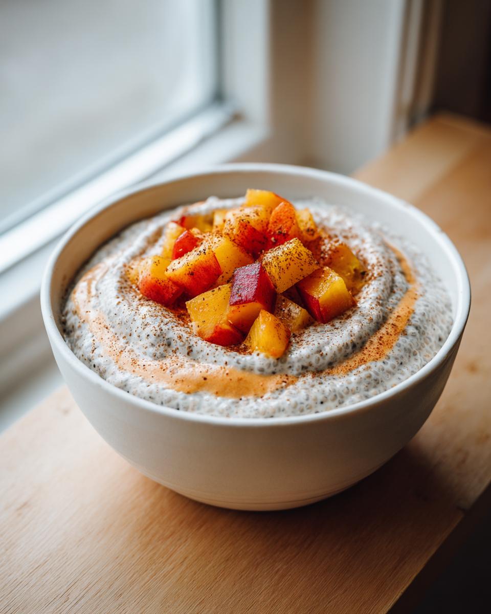 A white bowl filled with creamy peach chia pudding, topped with diced fresh peaches and a sprinkle of cinnamon.