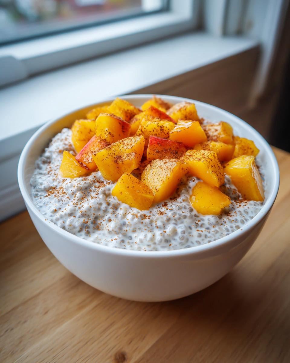 A white bowl filled with creamy peach chia pudding, topped generously with diced fresh peaches and a sprinkle of cinnamon.