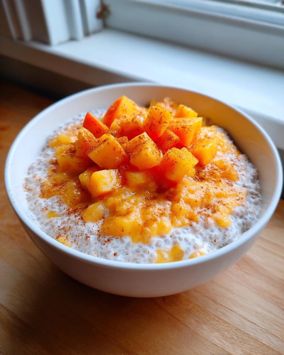A white bowl filled with creamy peach chia pudding, topped with diced fresh peaches and a sprinkle of cinnamon.