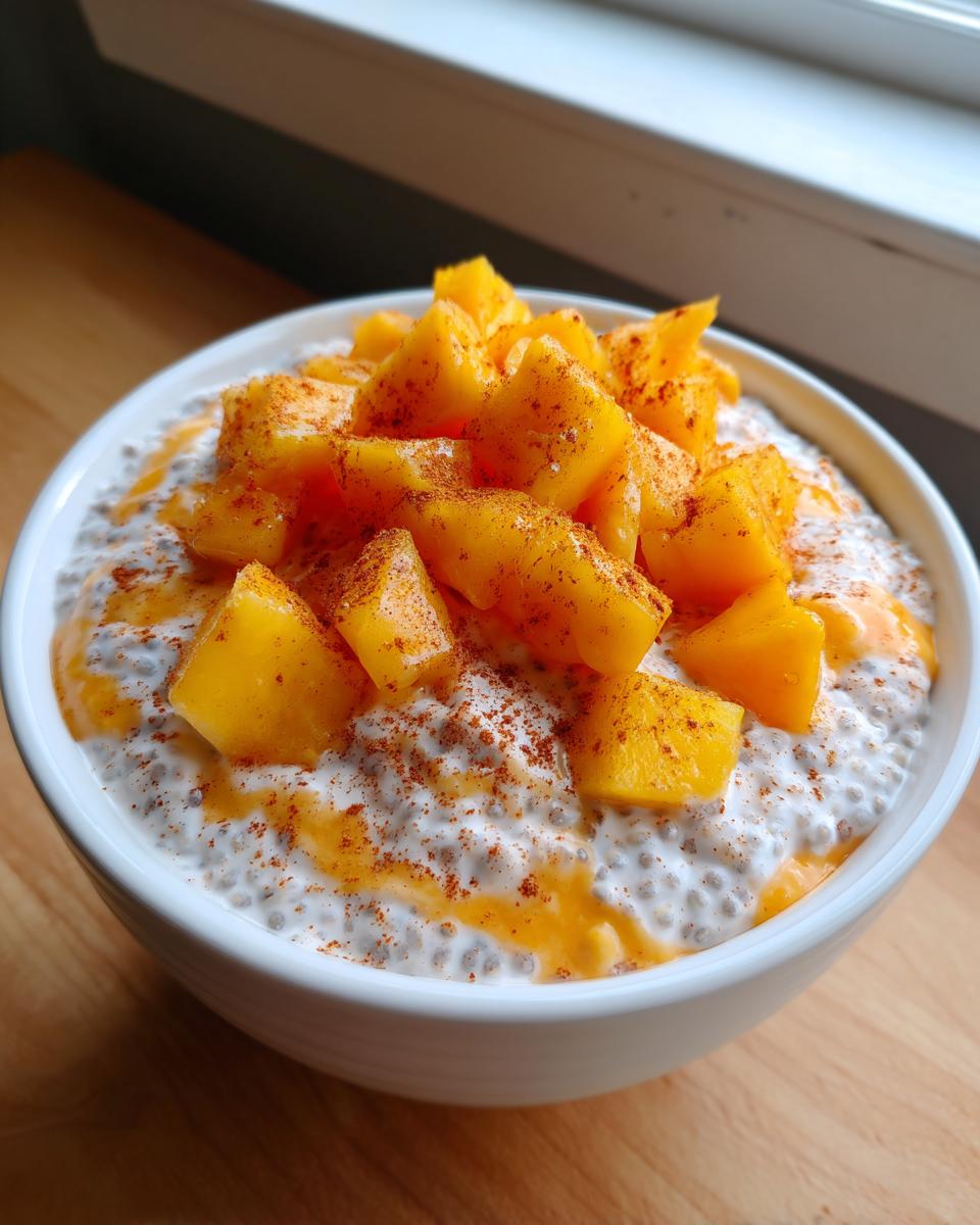 A white bowl filled with creamy peach chia pudding, topped generously with fresh diced peaches and a sprinkle of cinnamon.