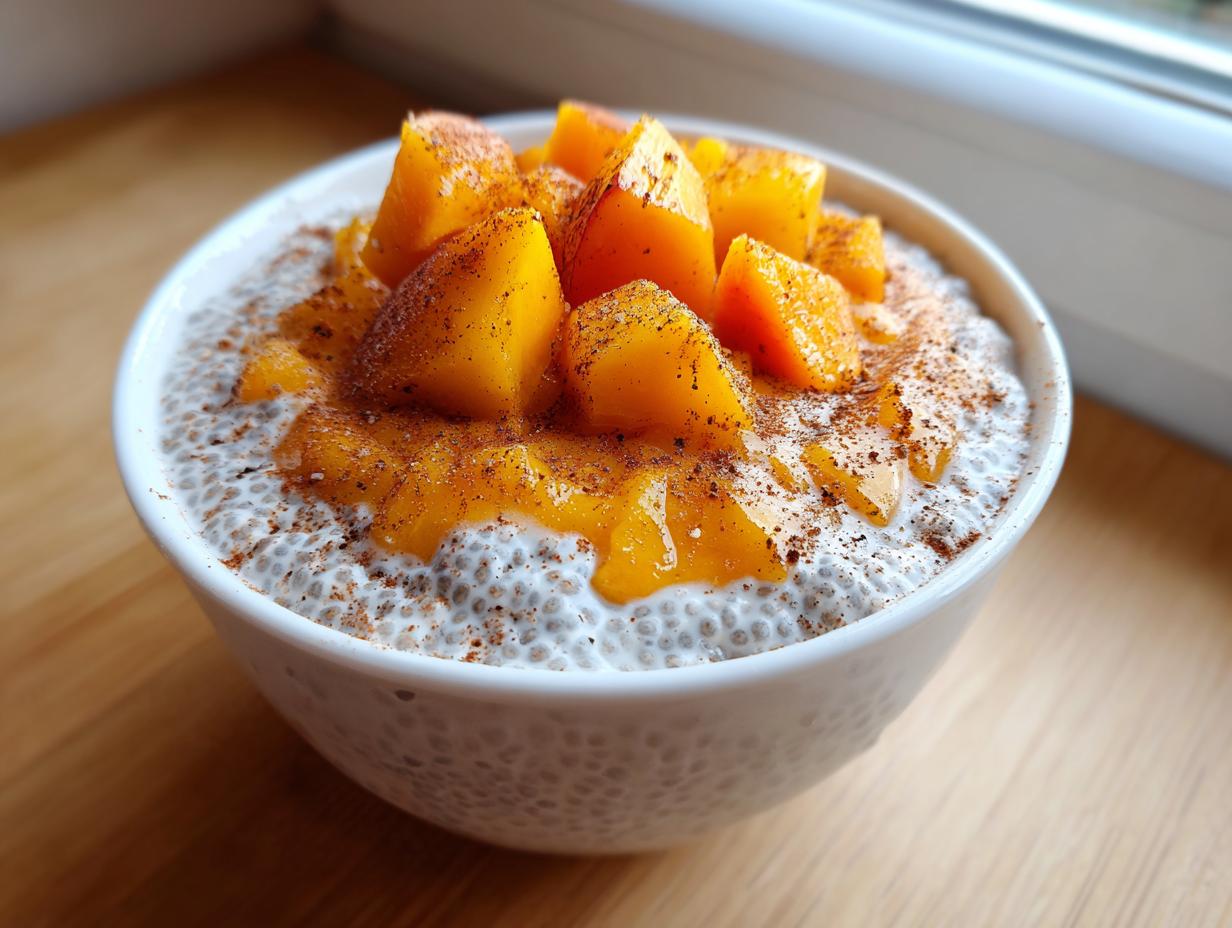 A white bowl filled with creamy peach chia pudding, topped with diced fresh peaches and a sprinkle of cinnamon.
