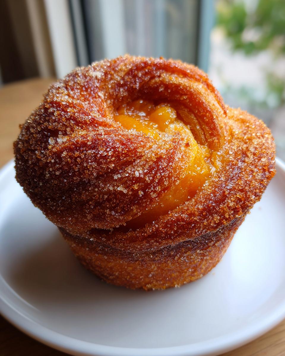 A close-up of a freshly baked peach cruffins, coated in cinnamon sugar, sitting on a white plate.