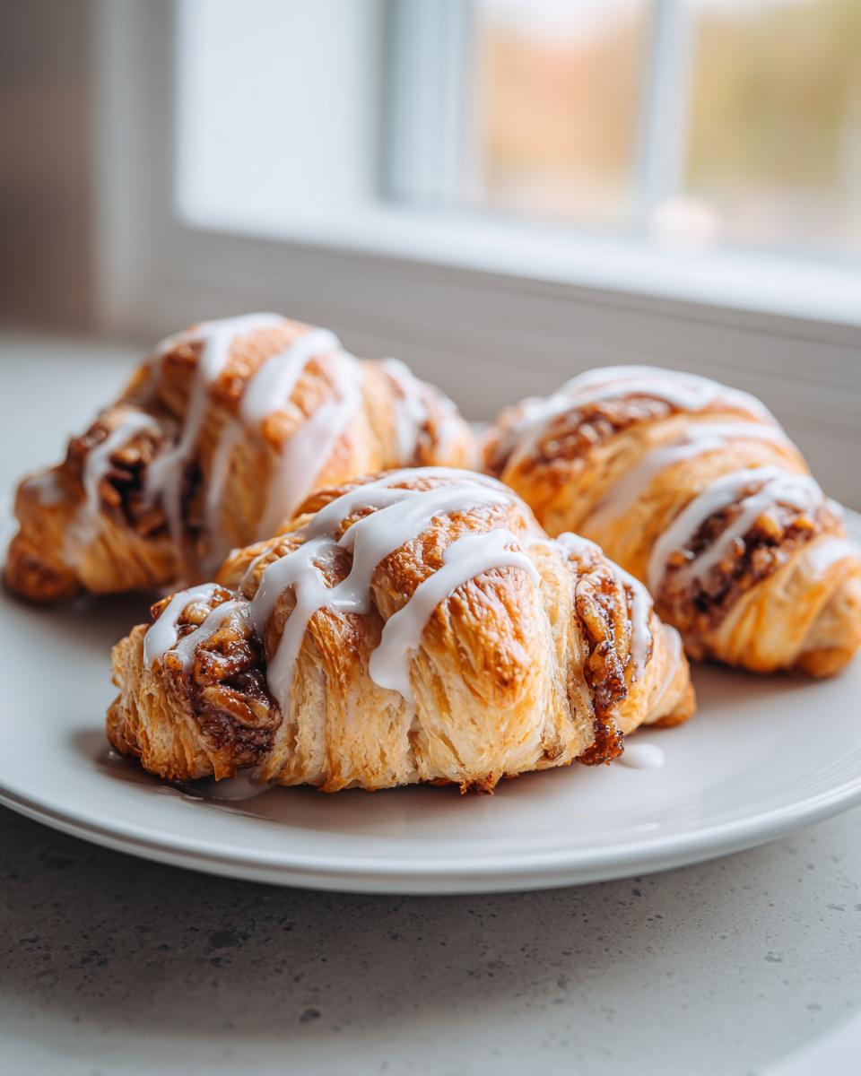 Four golden brown pecan pie crescents drizzled with sweet white icing on a light plate.