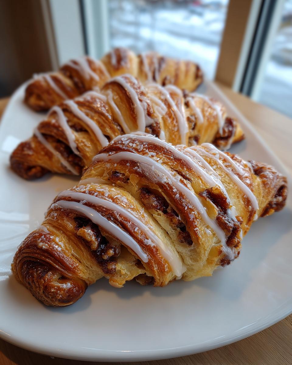 Close-up of flaky pecan pie crescents drizzled with white icing on a white plate.
