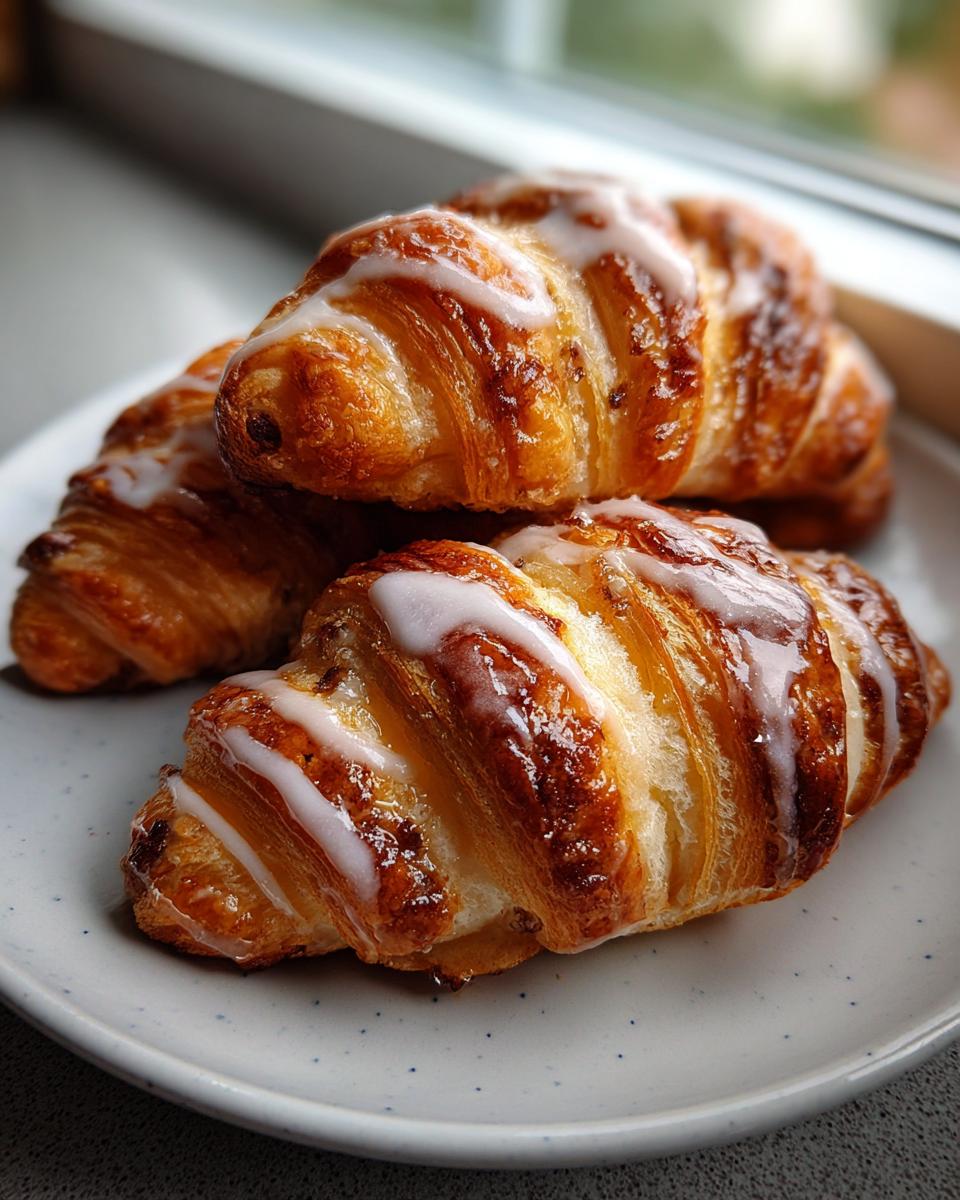 Three flaky, golden-brown pecan pie crescents drizzled with white icing on a speckled plate.