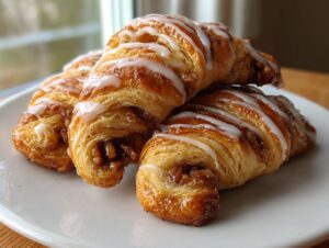 Three golden-brown pecan pie crescents drizzled with white icing stacked on a white plate.