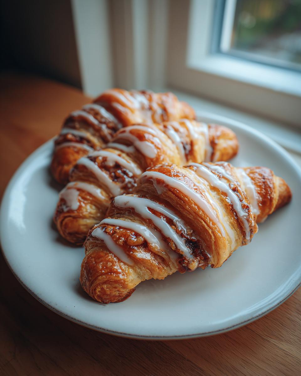 Three golden brown pecan pie crescents drizzled with white icing, served on a white plate.