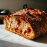 A close-up of a freshly baked pepperoni pizza sourdough bread, showing the airy crumb studded with red pepperoni pieces.