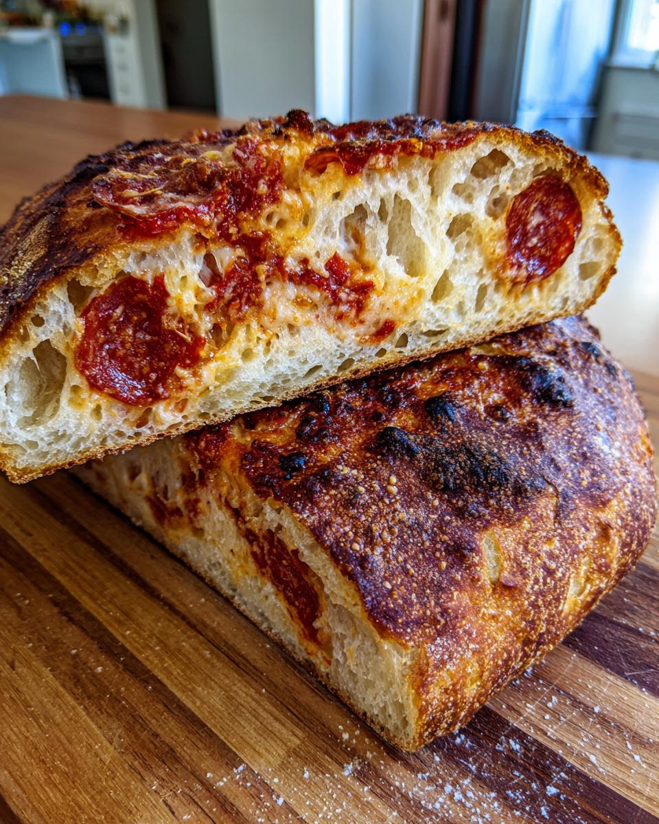 Cross-section view showing the open, airy crumb and embedded pepperoni slices in the pepperoni pizza sourdough bread.