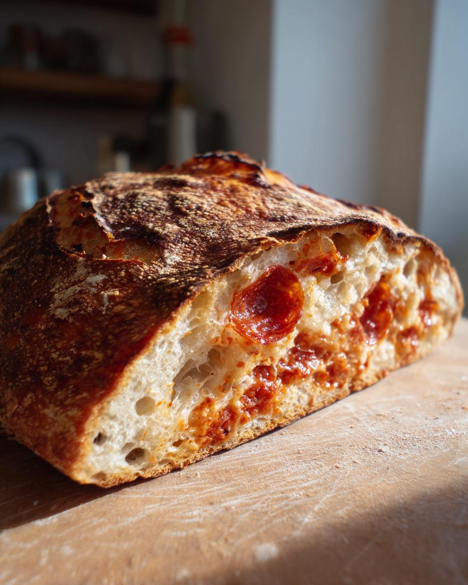 Close-up cross-section showing the airy crumb and embedded pepperoni slices in the pepperoni pizza sourdough bread.