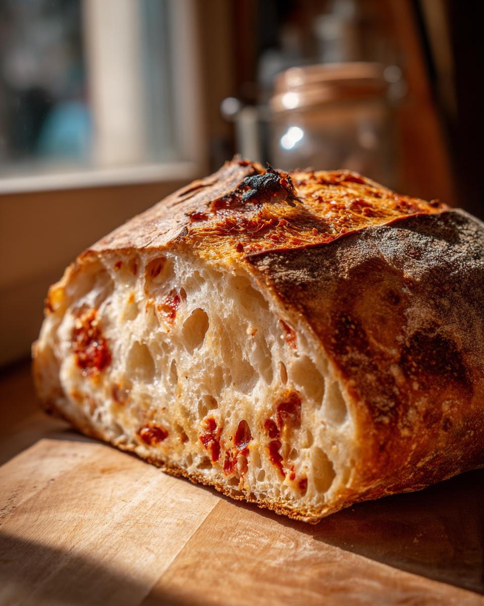 Close-up of a freshly baked pepperoni pizza sourdough bread loaf cut in half, showing the airy crumb and embedded pepperoni pieces.