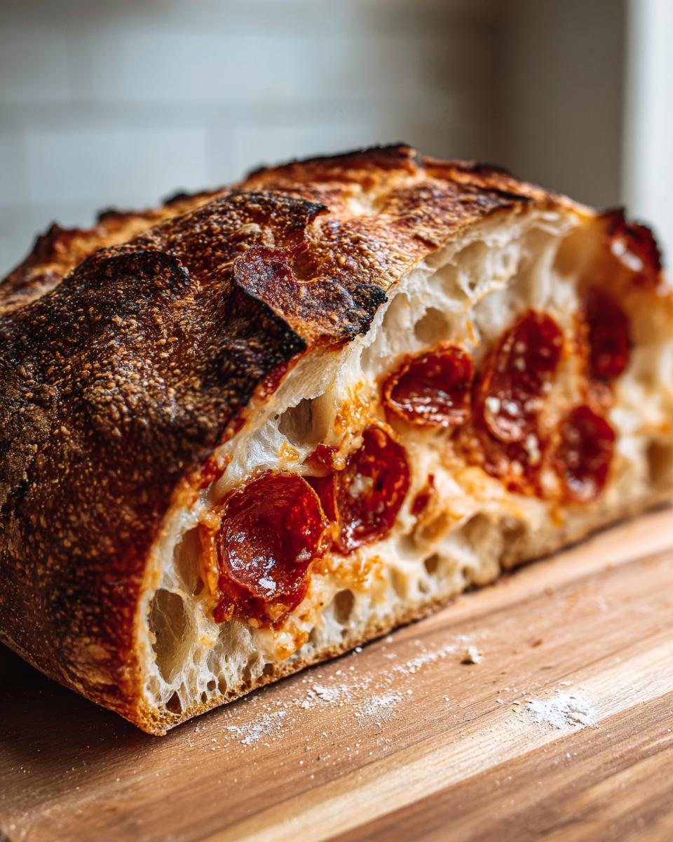 A close-up of a loaf of pepperoni pizza sourdough bread, showing the open crumb structure and melted pepperoni inside.