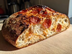 A close-up cross-section showing the airy crumb and pepperoni topping of the pepperoni pizza sourdough bread.