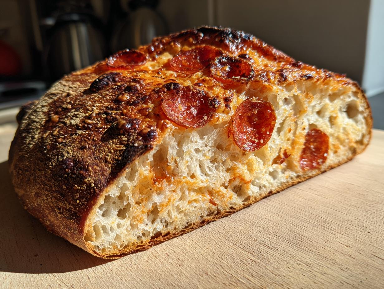 A close-up cross-section showing the airy crumb and pepperoni topping of the pepperoni pizza sourdough bread.