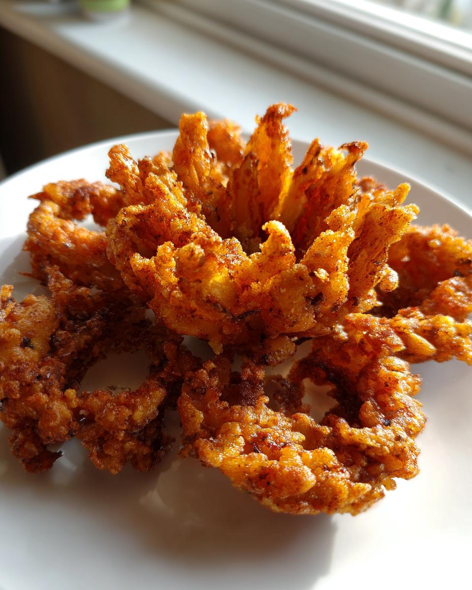 A close-up of a golden-brown, crispy blooming onions appetizer served on a white plate, catching sunlight from a window.