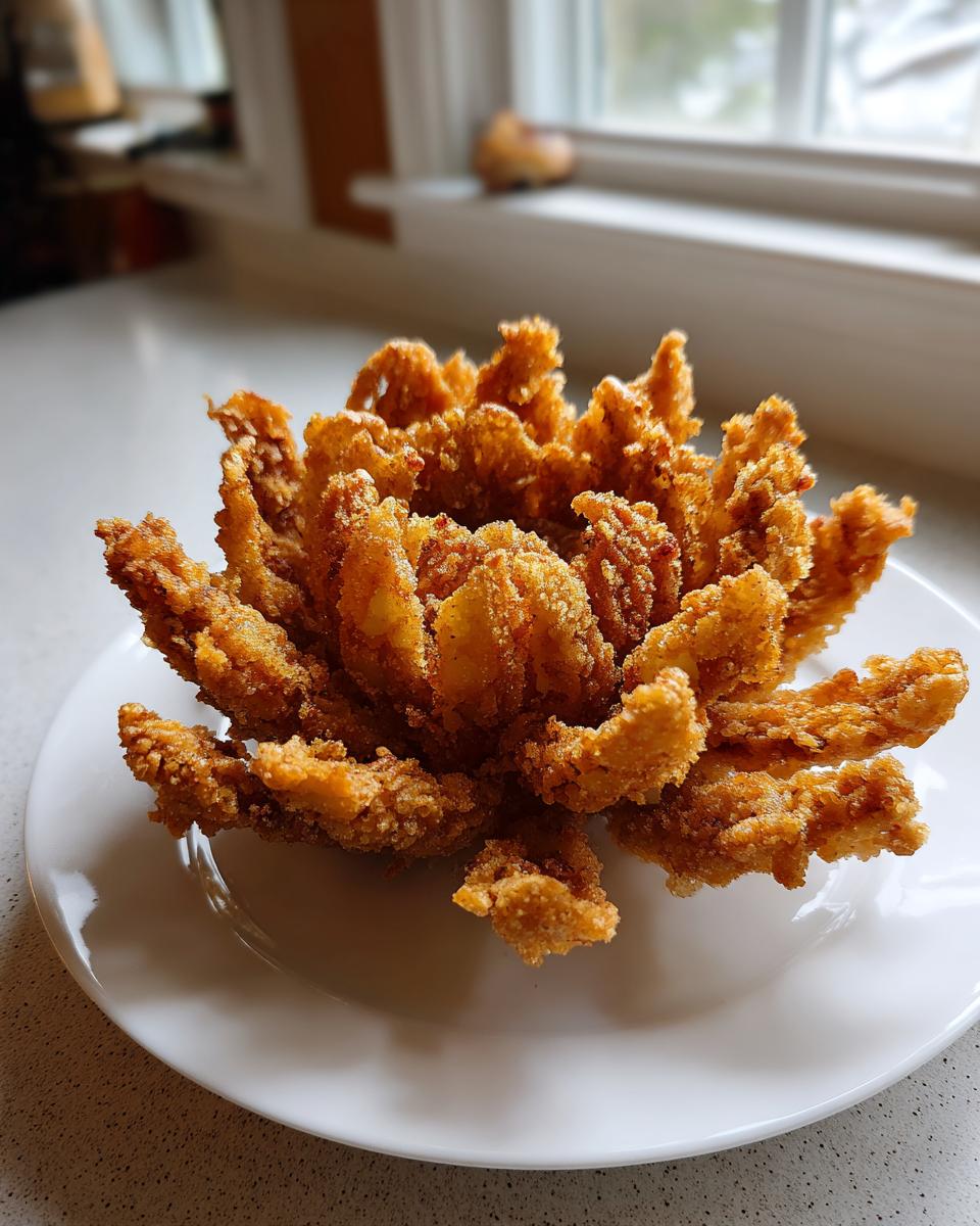 A perfectly cooked, deep-fried blooming onions appetizer presented on a white plate.