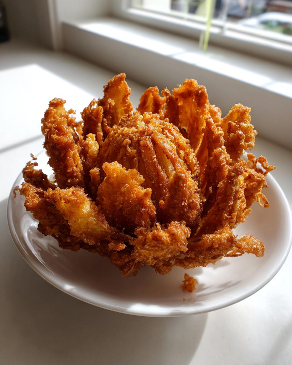A beautifully deep-fried, golden-brown blooming onions appetizer served on a small white plate indoors.