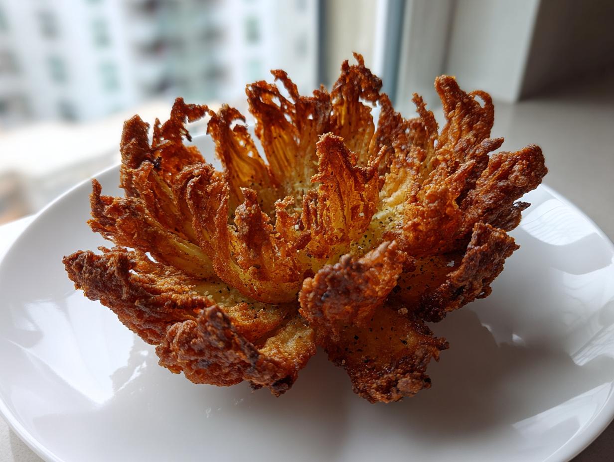 A perfectly cooked, deep-fried blooming onions appetizer, fully opened like a flower, resting on a white plate.