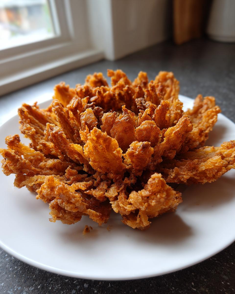 A perfectly cooked, crispy, deep-fried blooming onions appetizer served whole on a white plate.