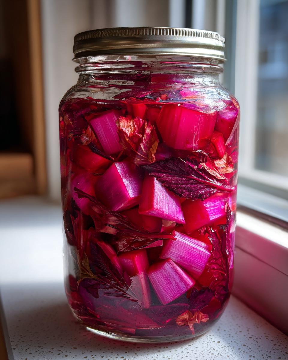 A glass mason jar filled with bright pink chunks of Pickled Rhubarb with Red Shiso soaking in deep red brine.