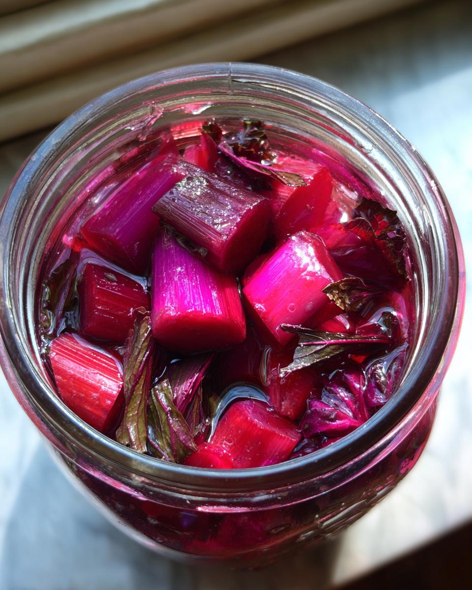 Overhead view of bright pink pickled rhubarb chunks and dark red shiso leaves submerged in liquid inside a glass jar.