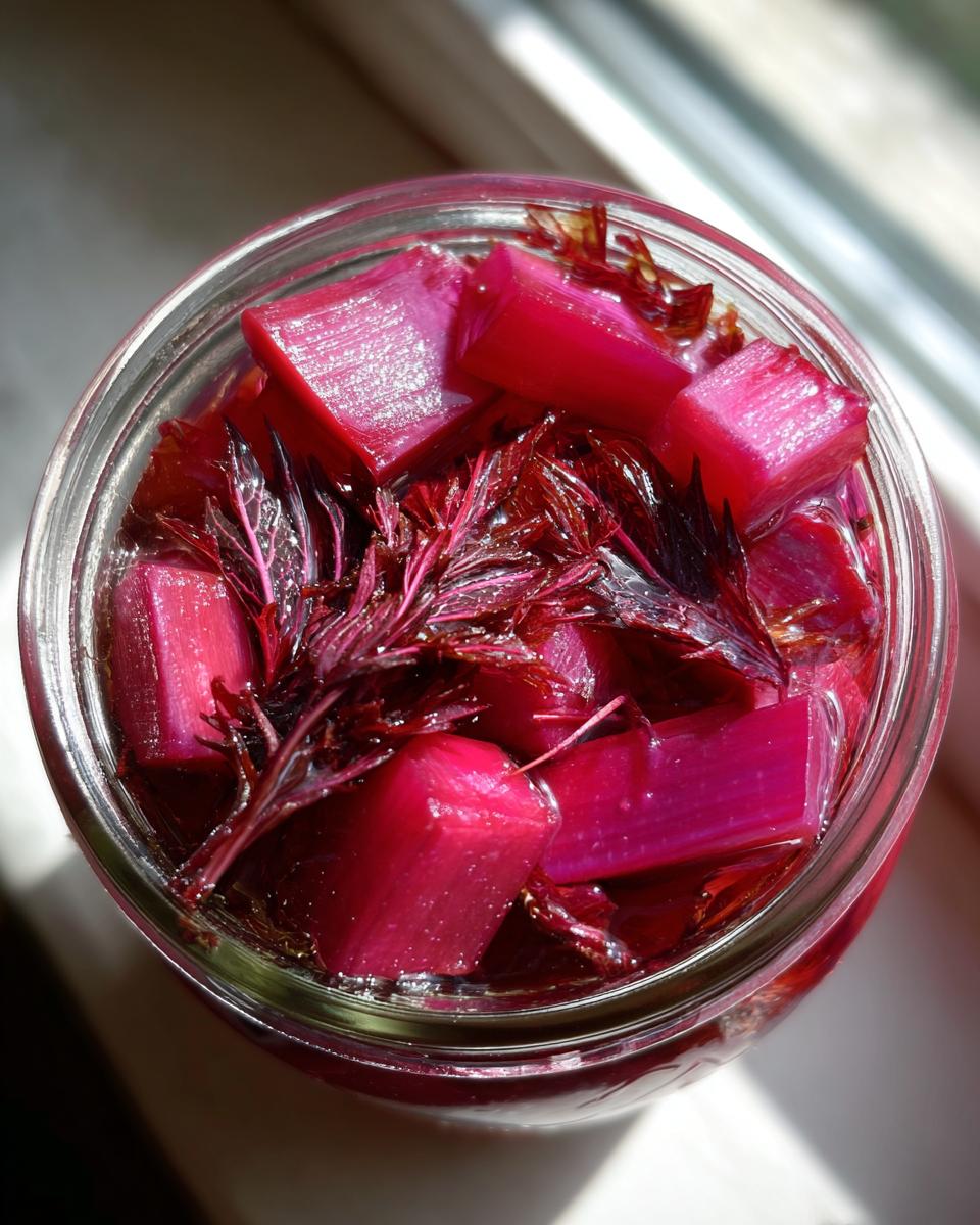 Overhead view of bright pink pickled rhubarb chunks and dark red shiso leaves preserved in a glass jar.