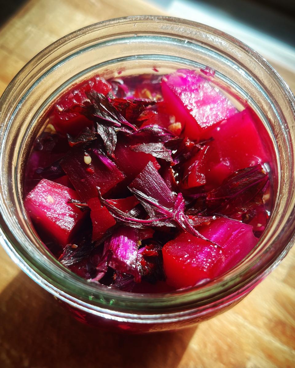 Top-down view of bright magenta Pickled Rhubarb with Red Shiso pieces submerged in liquid inside a glass canning jar.