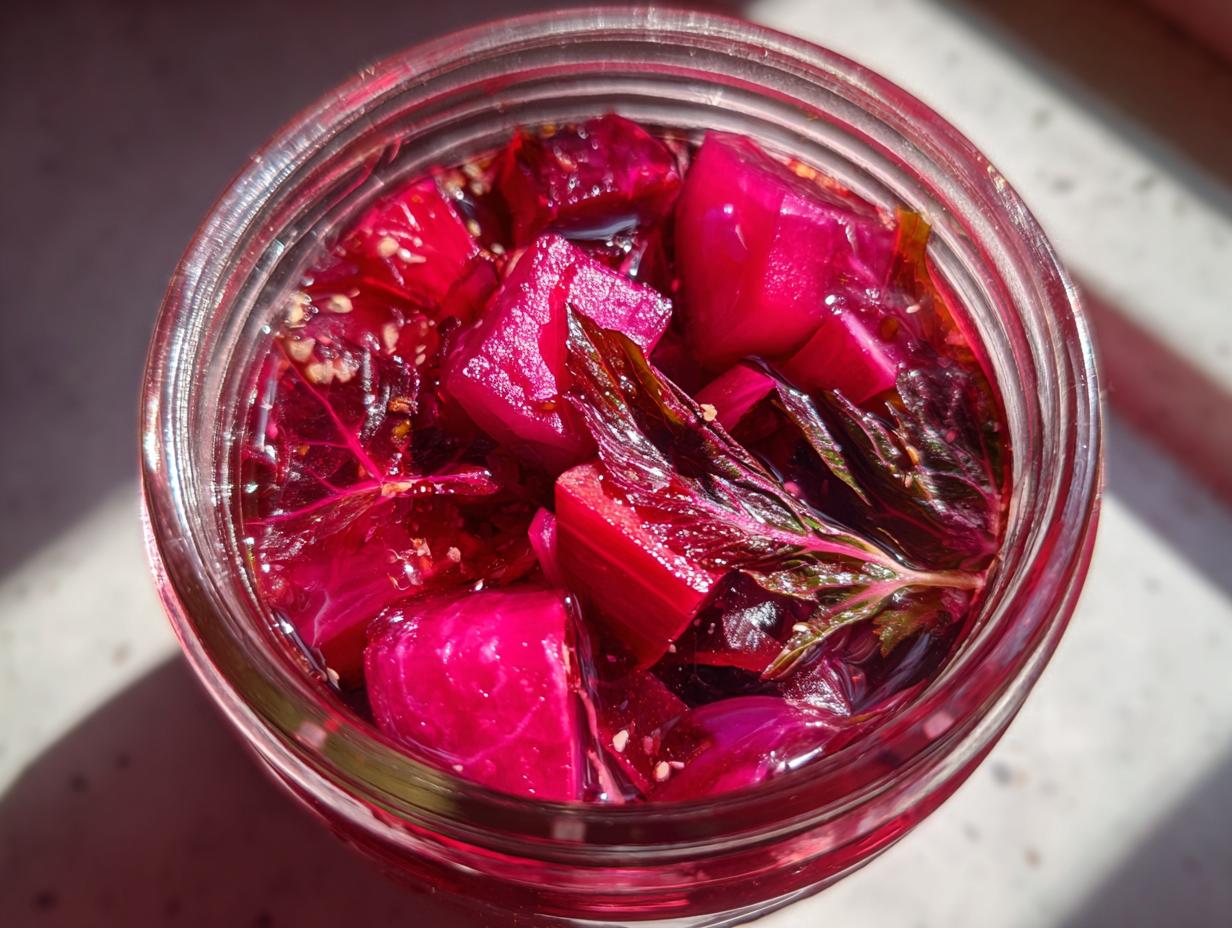 Overhead view of a glass jar filled with vibrant magenta Pickled Rhubarb with Red Shiso pieces and brine.