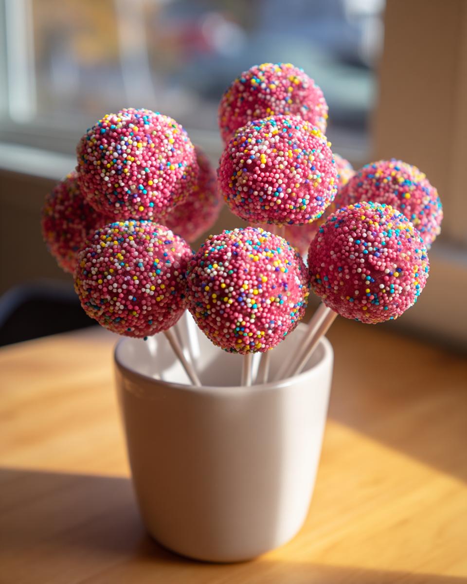 A bouquet of homemade pink starbucks cake pop treats covered in rainbow nonpareils, displayed in a white mug.