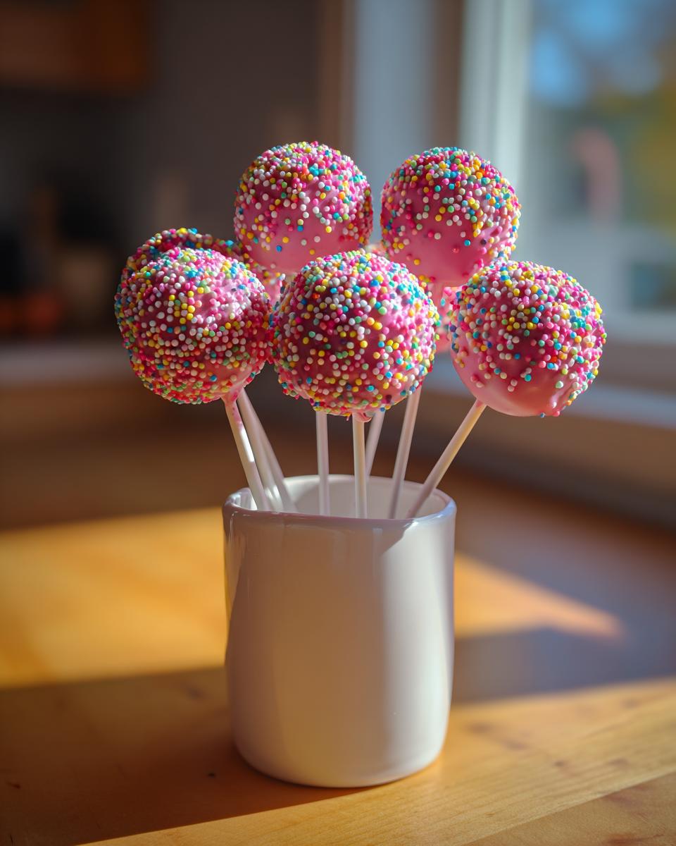 Five pink-dipped starbucks cake pop treats covered in colorful sprinkles, displayed upright in a white mug.