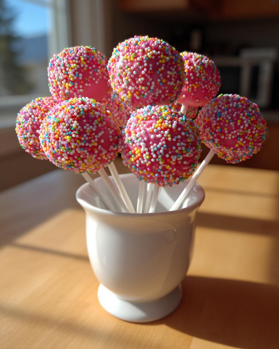 A bouquet of homemade pink starbucks cake pop treats covered in rainbow sprinkles, displayed in a white ceramic vase.