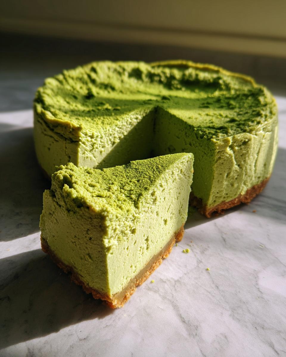 A slice of vibrant green pistachio cheesecake with a graham cracker crust, sitting next to the main cake.