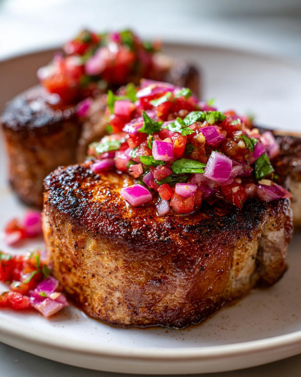 Close-up of a perfectly seared pork chop topped generously with vibrant Ancho Chilli Rhubarb Salsa.