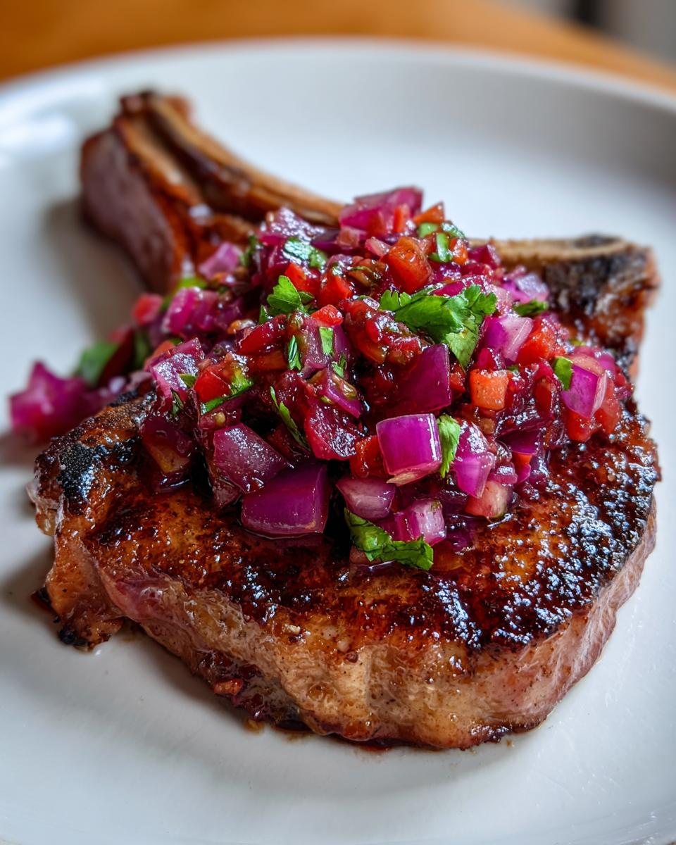 A perfectly seared bone-in pork chop topped generously with vibrant Pork Chops with Ancho Chilli Rhubarb Salsa.