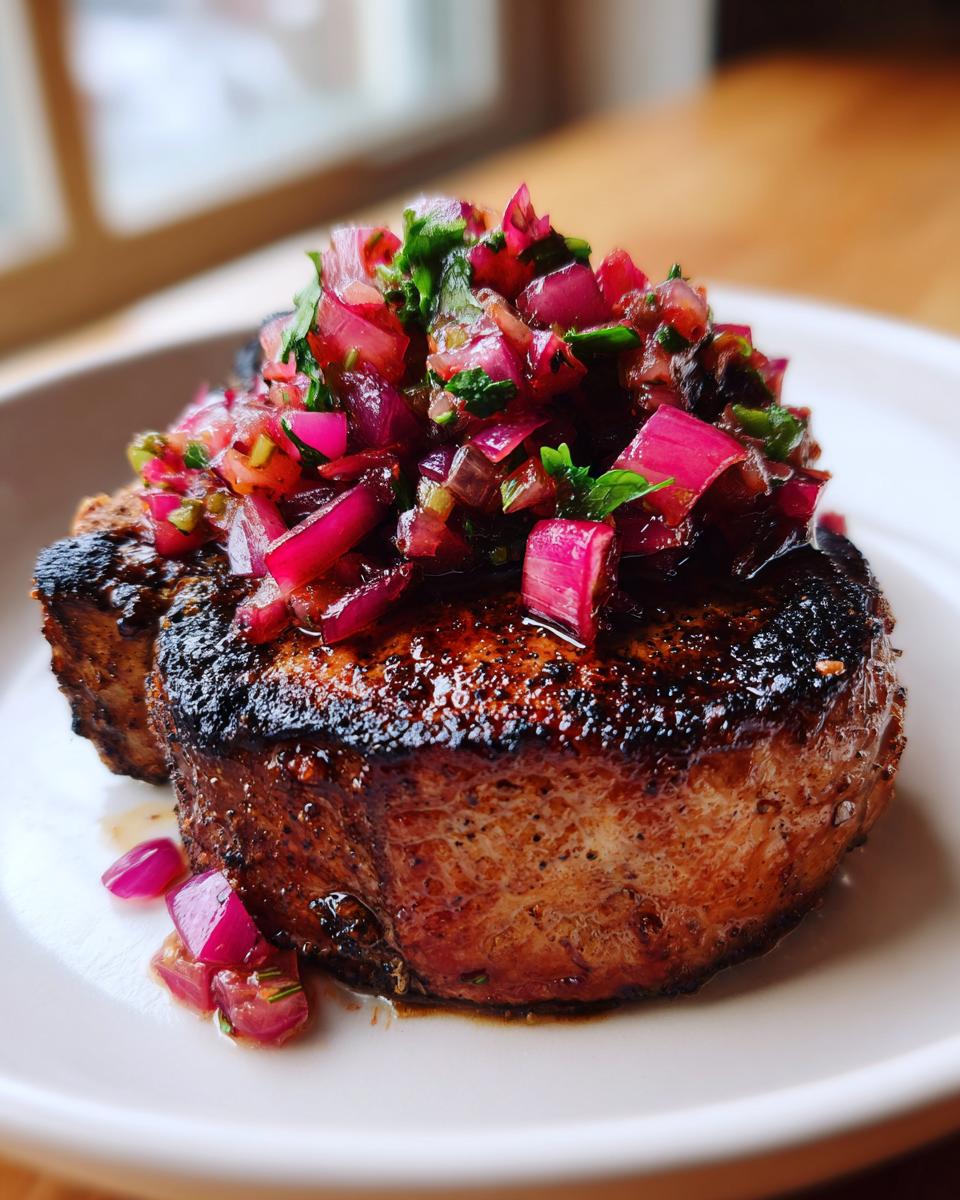 A thick, seared pork chop topped generously with vibrant red Pork Chops with Ancho Chilli Rhubarb Salsa.