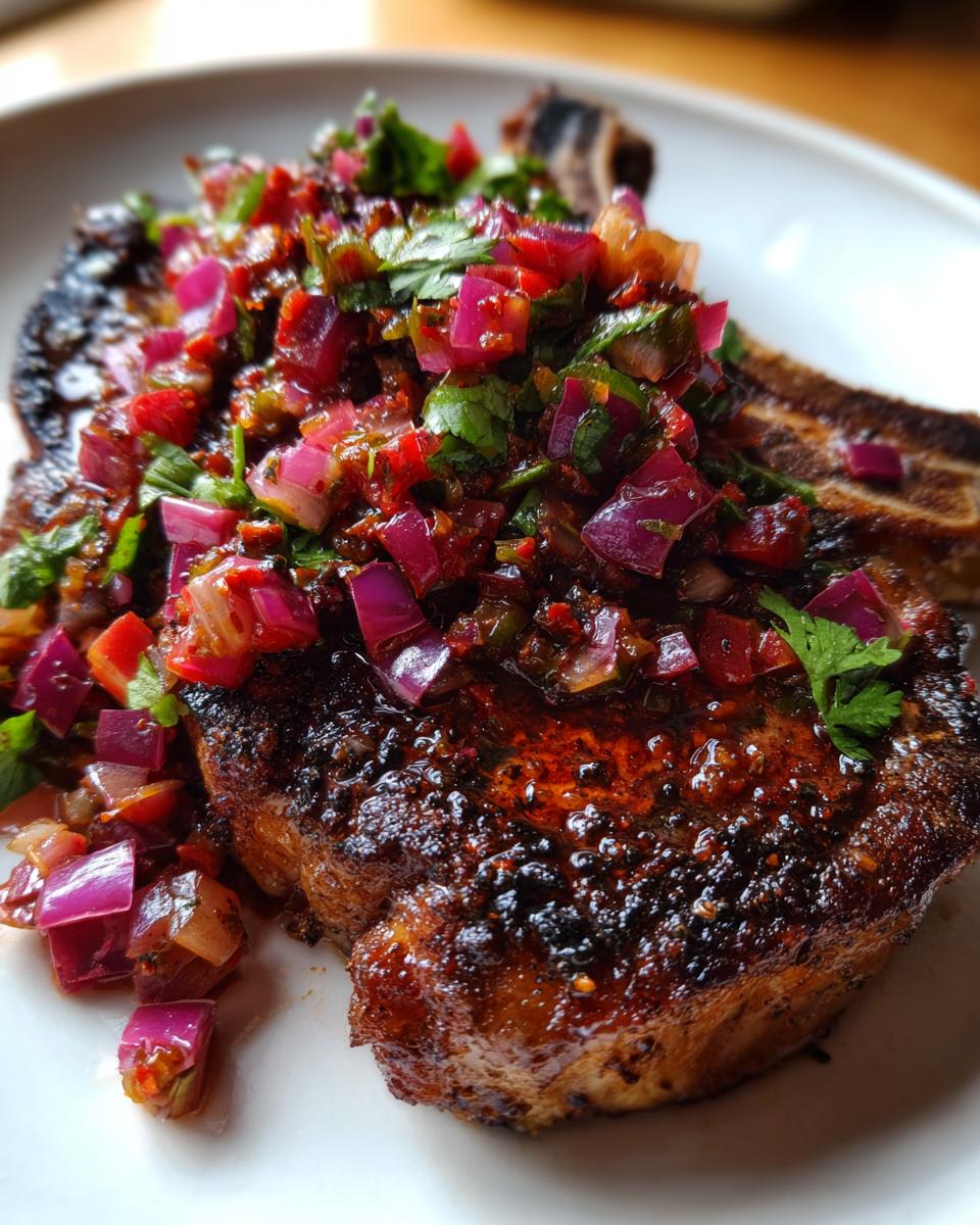A perfectly seared bone-in pork chop topped generously with vibrant Pork Chops with Ancho Chilli Rhubarb Salsa.