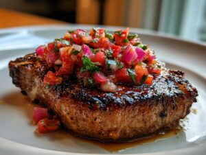 A perfectly seared pork chop topped with vibrant Pork Chops with Ancho Chilli Rhubarb Salsa on a white plate.