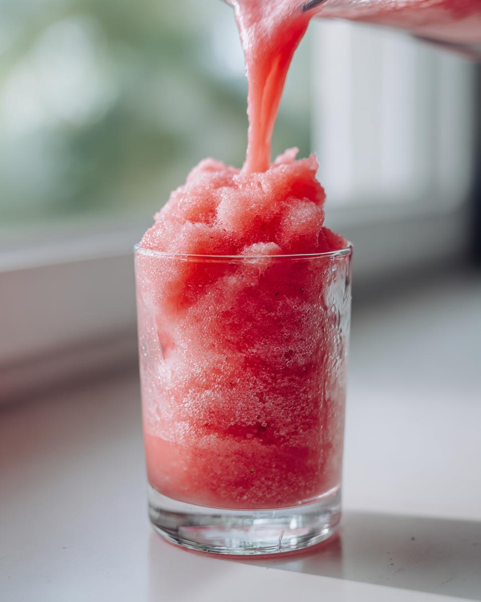 Close-up of bright pink frozen strawberry frosé being poured into a tall glass, creating a slushy mound.