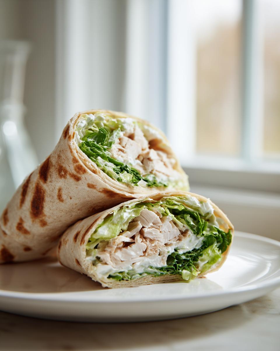 Two halves of a fresh chicken wraps, showing shredded chicken, crisp lettuce, and creamy sauce inside a toasted tortilla.