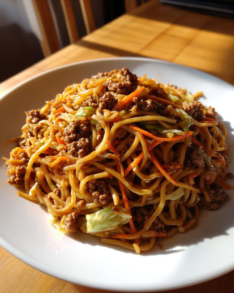 A close-up of a generous serving of quick weeknight lo mein with ground beef, noodles, carrots, and cabbage.
