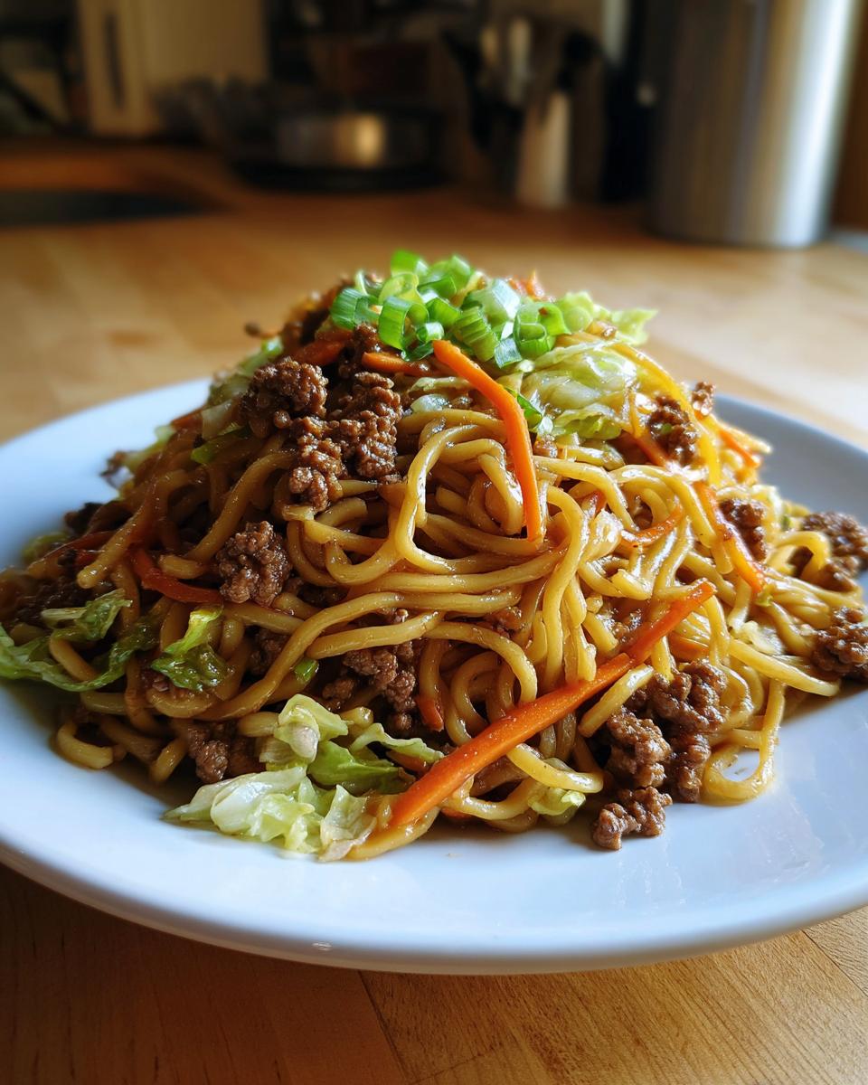 A close-up of a serving of quick weeknight lo mein with ground beef, noodles, carrots, and green onions.