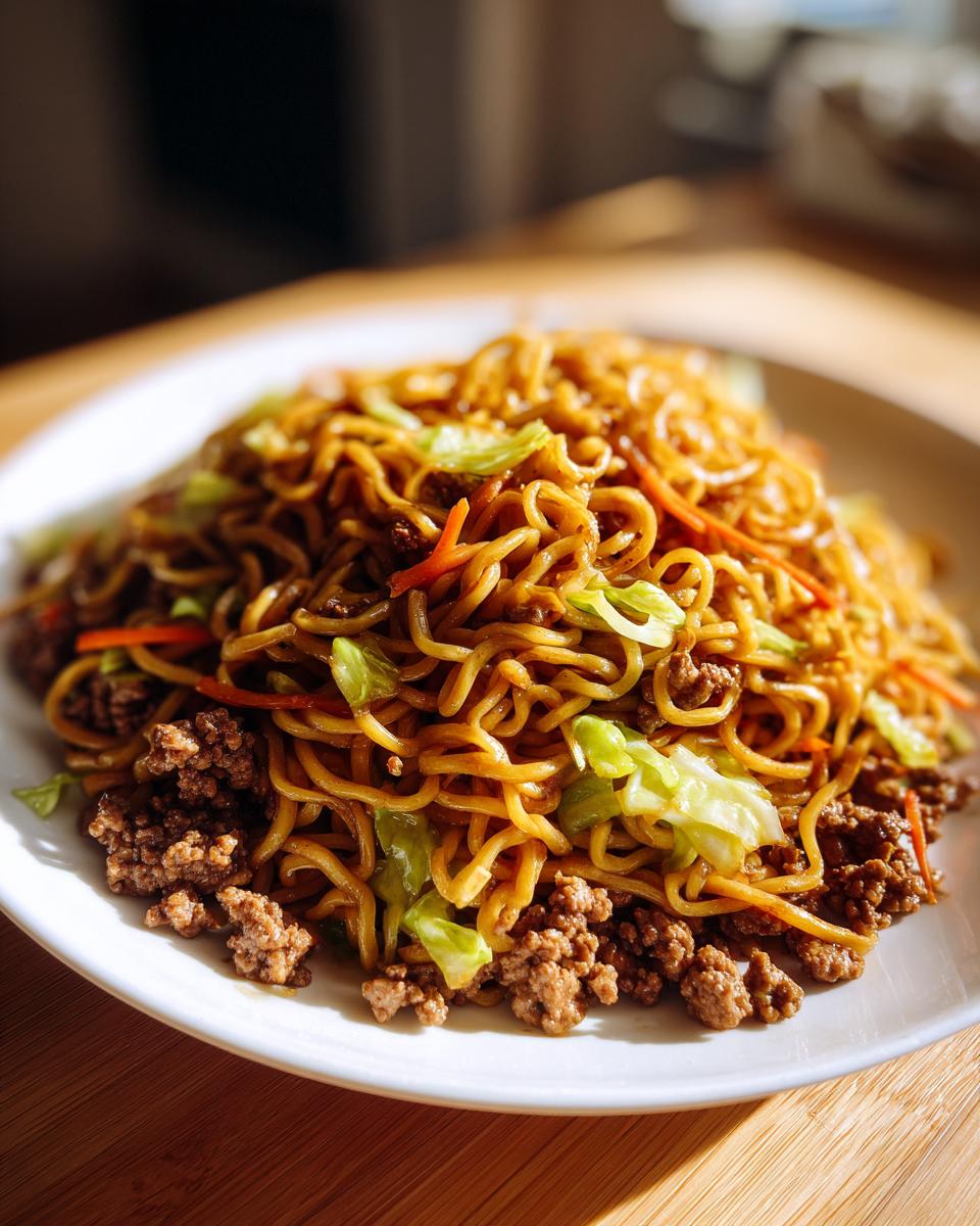 A close-up of a plate piled high with quick weeknight lo mein with ground beef, cabbage, and carrots.