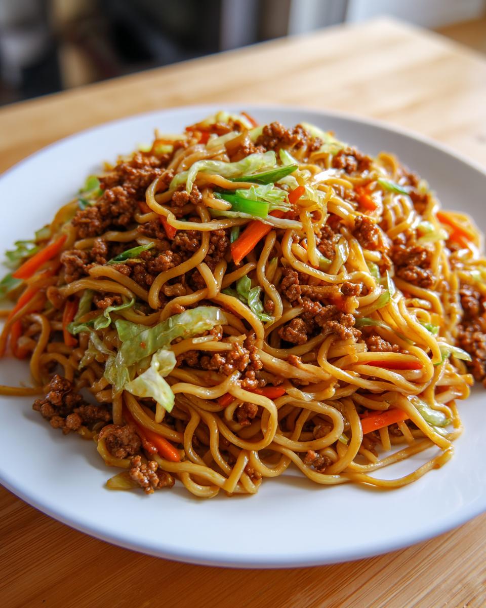 A generous serving of quick weeknight lo mein with ground beef, noodles, cabbage, and carrots on a white plate.