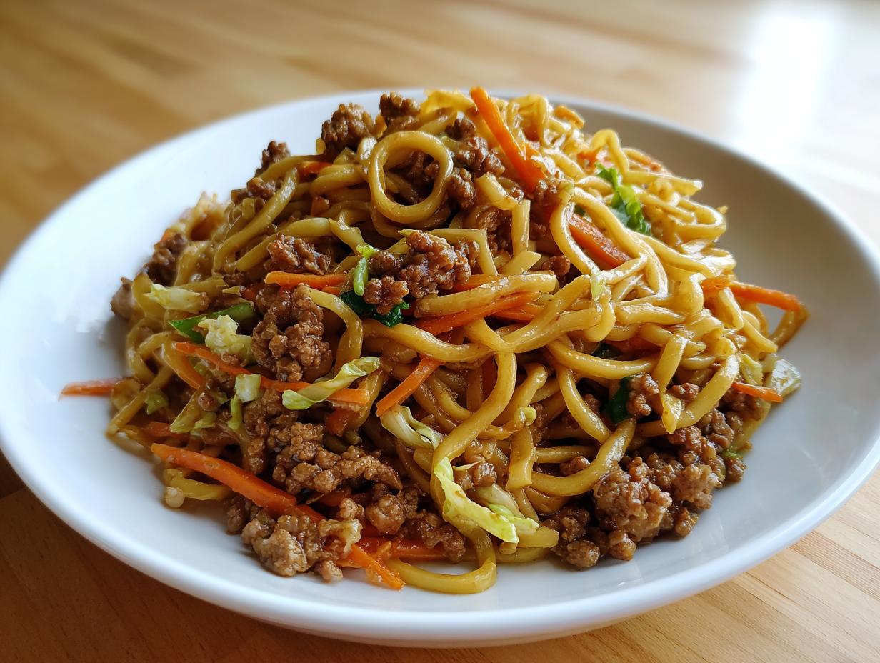 A serving of quick weeknight lo mein with ground beef, noodles, carrots, and cabbage on a white plate.